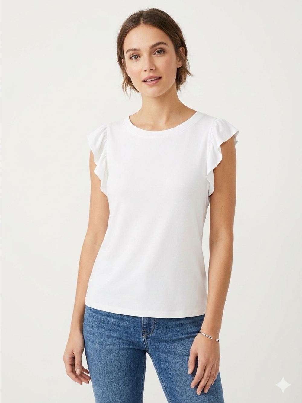 LOFT White Ruffle Cap Sleeve Ribbed Top Size M